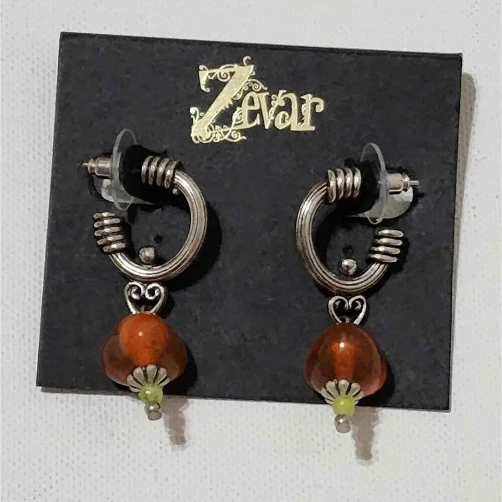 Treska Zevar Artisan Silver Hoop Drop Earrings Amber Glass Bead Heart Detail New